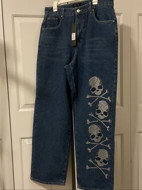 Fashion nova men rhinestone skull wide leg jeans